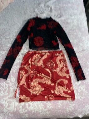 Red and Black Dragon Print Two-Piece Set